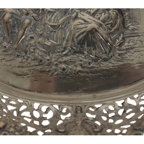 17 - A LATE 19TH CENTURY GERMAN SILVER OVAL BASKET pierced and embossed with a family in a garden to the ... 