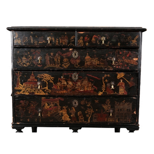 170 - A GEORGE I STYLE PAINTED CHEST ON STAND decorated in the chinoiserie taste, the moulded top over an ... 