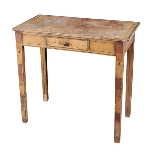 184 - TWO PAINTED PINE SIDE TABLES one example with a single frieze drawer, on striped block legs, 77cm hi... 