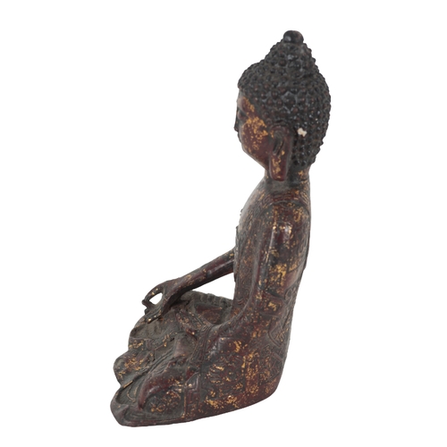 196 - A SINO-TIBETAN BRONZE BUDDHA seated wearing elaborate robes and a key-pattern sash, with extensive t... 