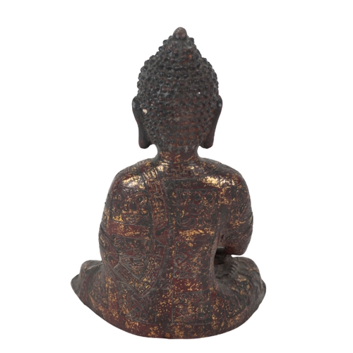 196 - A SINO-TIBETAN BRONZE BUDDHA seated wearing elaborate robes and a key-pattern sash, with extensive t... 