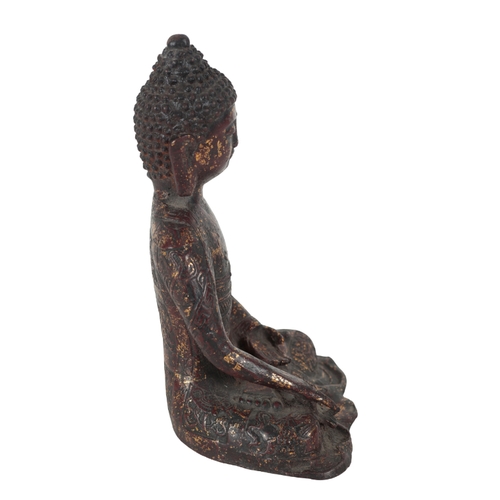 196 - A SINO-TIBETAN BRONZE BUDDHA seated wearing elaborate robes and a key-pattern sash, with extensive t... 