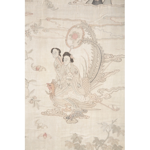 204 - A CHINESE 19TH CENTURY KOSSU TAPESTRY depicting figures amongst a mountainous landscape, 185cm x 82c... 