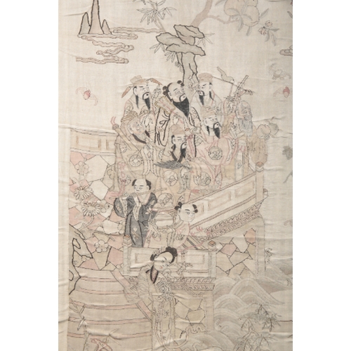 204 - A CHINESE 19TH CENTURY KOSSU TAPESTRY depicting figures amongst a mountainous landscape, 185cm x 82c... 