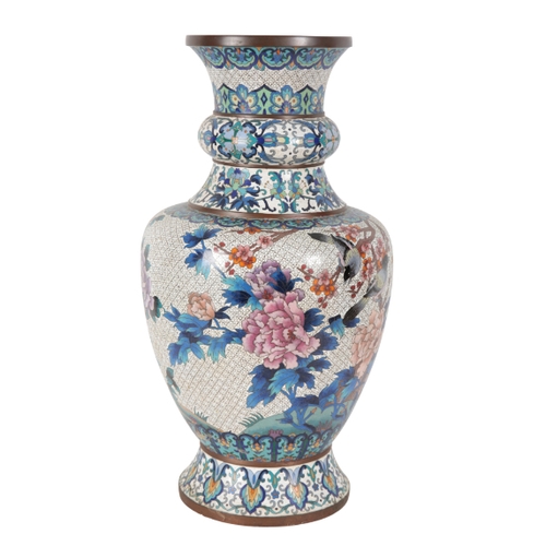 211 - A PAIR 20TH CENTURY CLOISONNÃ VASES decorated with flowers on a white scale ground, within lappet b... 