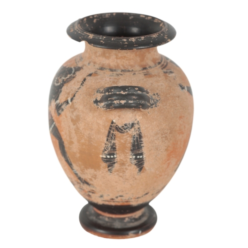 224 - AN ATTIC STYLE CLASSICAL VASE of amphora form, the body decorated with figures and warriors in black... 