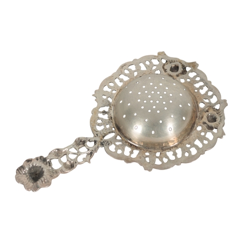 27 - A DUTCH SILVER TEA STRAINER pierced and embossed with roses, 12.5cm long, stamped 835