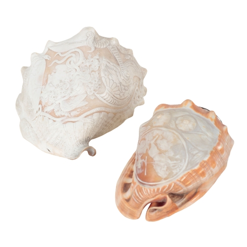 271 - TWO CAMEO CARVED SHELLS one example with a metal mount for attaching to lights, 14cm high, the other... 