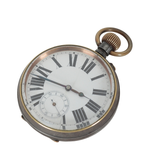 272 - A SILVER PLATED POCKET WATCH the face with Roman numerals and a subsidiary second dial, 6.5cm wide, ... 