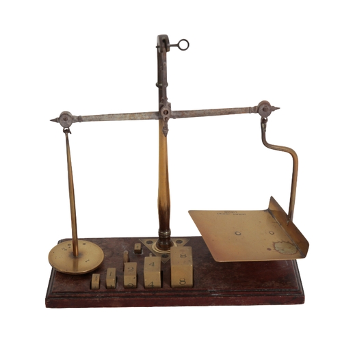 273 - A SET OF LATE VICTORIAN BRASS AND STEEL POSTAGE SCALES by Degrave Short & Co, on mahogany plinth, 26... 