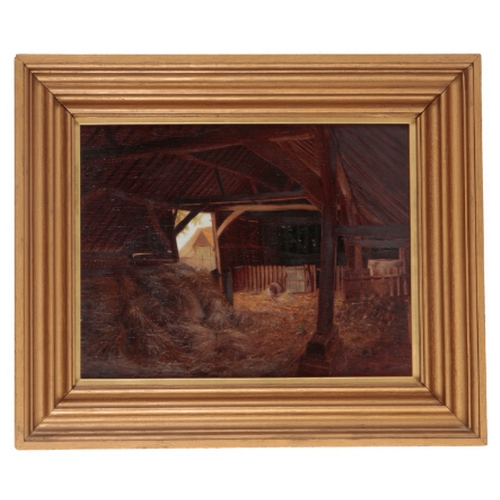 277 - GALSWORTHY (19th/20th Century) A figure inside a threshing barn signed lower left, oil on panel, 28c... 