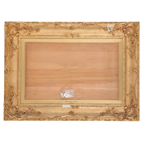 282 - A PAIR OF GILTWOOD AND COMPOSITION PICTURE FRAMES the glazed fronts surrounded by c-scrolled and she... 