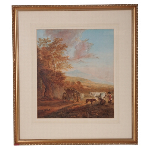 348 - 19TH CENTURY ENGLISH SCHOOL, A PAIR OF COUNTRY SCENES with figures and horses to foregrounds, waterc... 