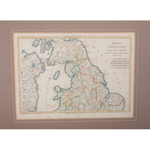 354 - TWO FRENCH HAND-COLOURED ENGRAVED MAPS OF ENGLAND both mounted in the same frame, each 26cm high x 3... 