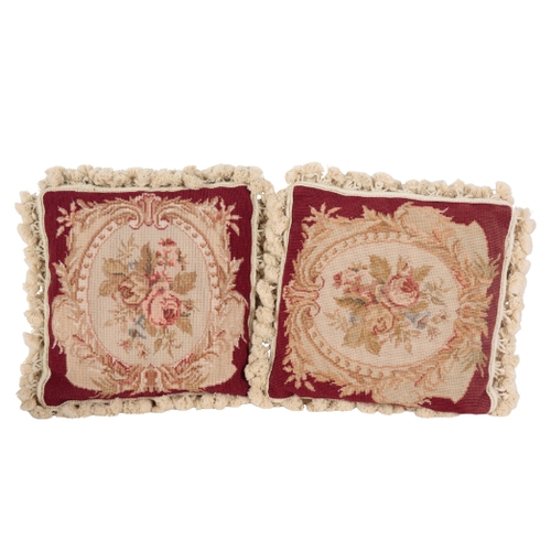 360 - A PAIR OF FLORAL TAPESTRY CUSHIONS 20th Century in the Victorian style, with tasselled edges, 38cm s... 