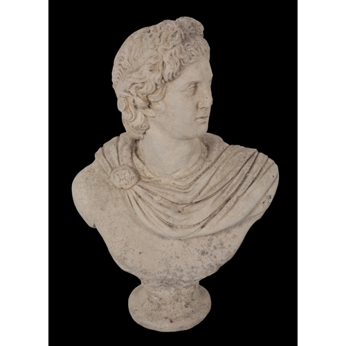 365 - A GROUP OF THREE CLASSICAL BUSTS including a composite stone bust of Apollo, on a turned base, 52cm ... 