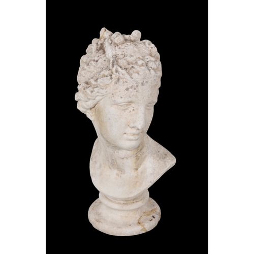 365 - A GROUP OF THREE CLASSICAL BUSTS including a composite stone bust of Apollo, on a turned base, 52cm ... 