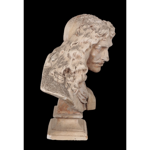 366 - A PLASTER BUST OF A GENTLEMAN on a moulded plinth base, 64cm high