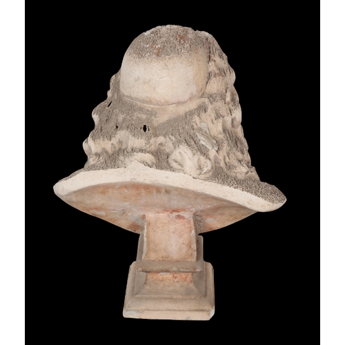 366 - A PLASTER BUST OF A GENTLEMAN on a moulded plinth base, 64cm high