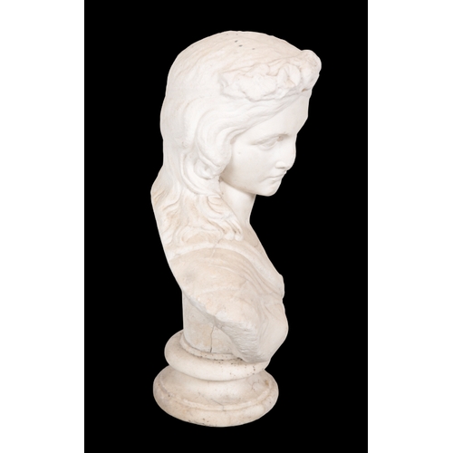 370 - A MARBLE BUST OF A CLASSICAL MAIDEN with a floral band in her hair, on a turned plinth base, 52cm hi... 