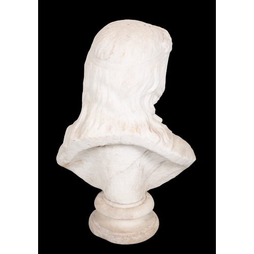 370 - A MARBLE BUST OF A CLASSICAL MAIDEN with a floral band in her hair, on a turned plinth base, 52cm hi... 