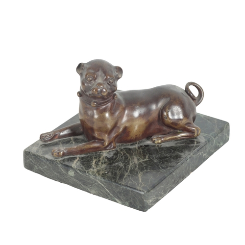 377 - FRENCH SCHOOL 19TH CENTURY, A BRONZE MODEL OF A PUG on a marble plinth base, 11cm high, the base 15c... 