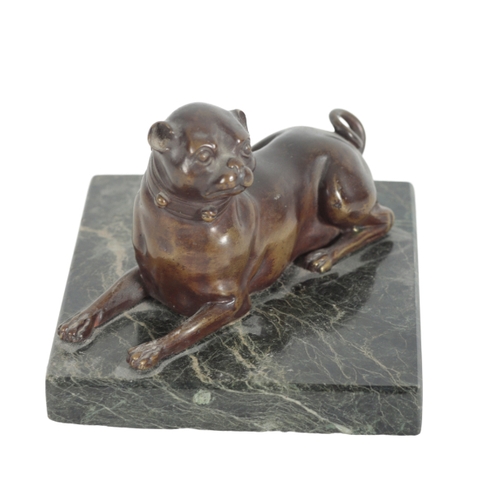 377 - FRENCH SCHOOL 19TH CENTURY, A BRONZE MODEL OF A PUG on a marble plinth base, 11cm high, the base 15c... 