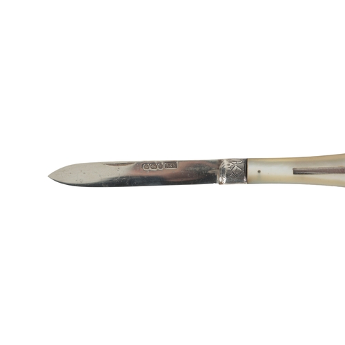 38 - A VICTORIAN SILVER AND MOTHER OF PEARL HANDLED POCKET FRUIT KNIFE and matching fruit fork, the silve... 