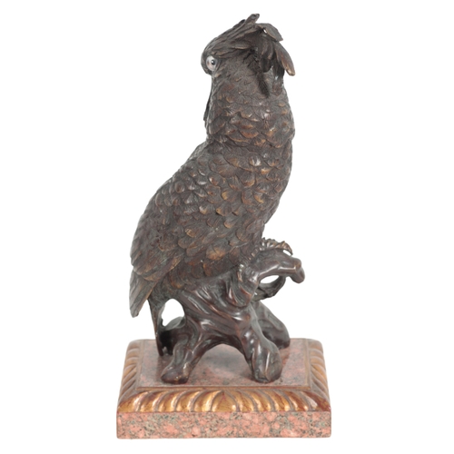 385 - CONTINENTAL SCHOOL 20TH CENTURY, A BRONZE MODEL OF A PARROT cast naturistically, with glass eyes, on... 