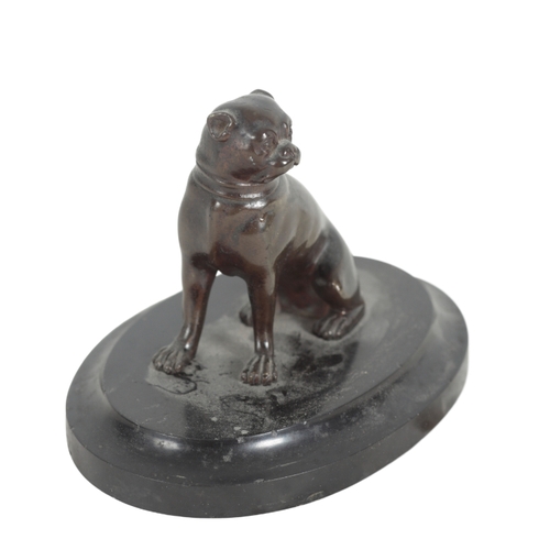 389 - CONTINENTAL SCHOOL 19TH CENTURY, A BRONZE MODEL OF A PUG on a stepped stone base, 9cm high