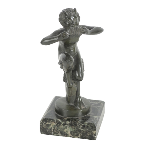 390 - A GROUP OF FOUR BRONZES including a 20th century figure of a faun playing pipes, 19cm high, a bust o... 