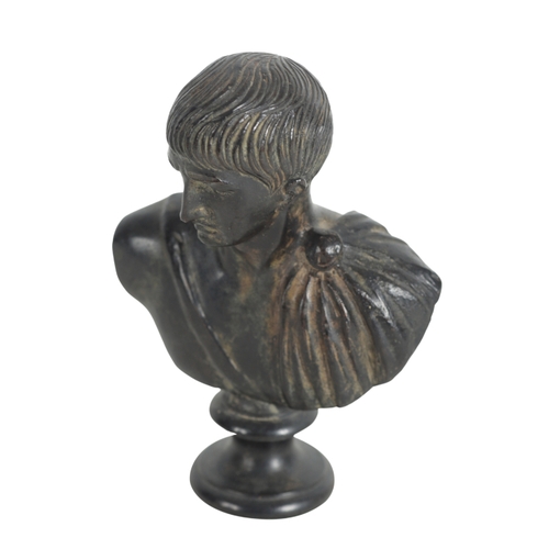 390 - A GROUP OF FOUR BRONZES including a 20th century figure of a faun playing pipes, 19cm high, a bust o... 