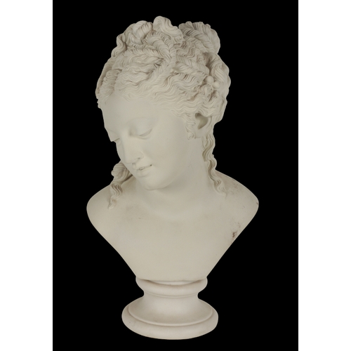 395 - A PARIAN WARE BUST OF A CLASSICAL MAIDEN on a moulded and turned plinth, 43cm high