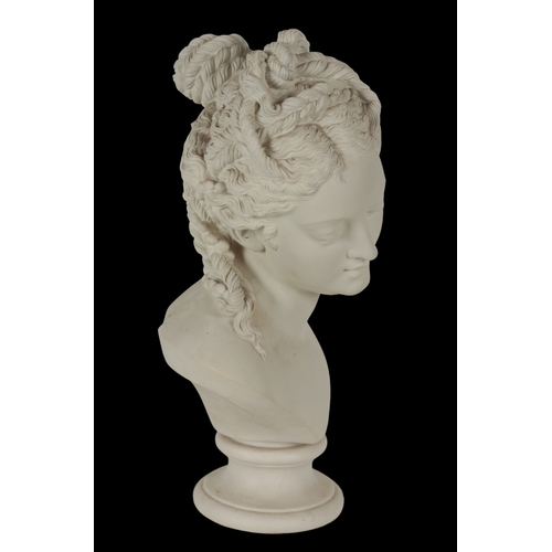 395 - A PARIAN WARE BUST OF A CLASSICAL MAIDEN on a moulded and turned plinth, 43cm high