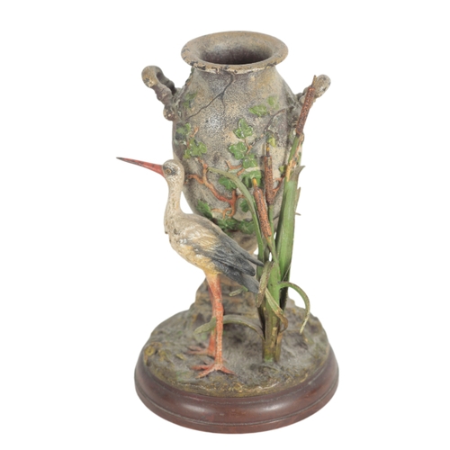 402 - A PAIR OF AUSTRIAN COLD-PAINTED BRONZE VASES both cast on a naturalistic bases with birds to the for... 