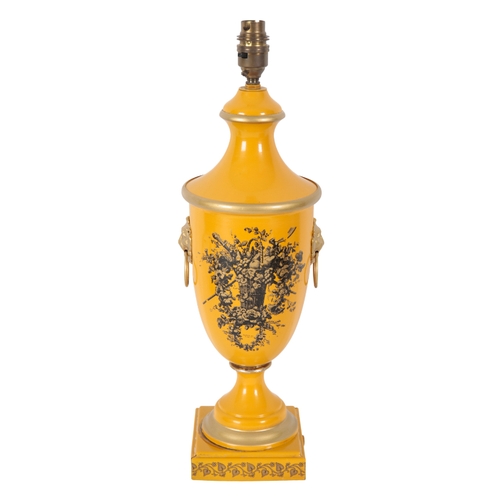 411 - A 20TH CENTURY ITALIAN YELLOW PAINTED AND PARCEL GILT TOLE WARE STYLE TABLE LAMP of Neo Classical st... 