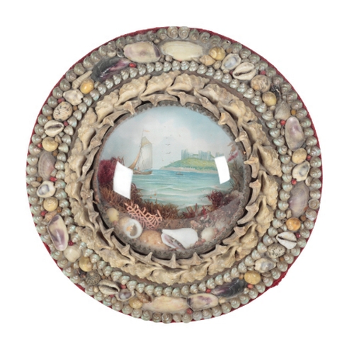 418 - A SHELL MOUNTED MIRROR 20th century, the oval plate within a border of shells, 35cm high, together w... 