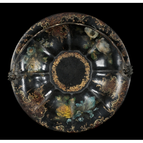 419 - A VICTORIAN PAPIER MACHE CIRCULAR BOWL decorated with flowers and gilded reserves and with ormolu fo... 