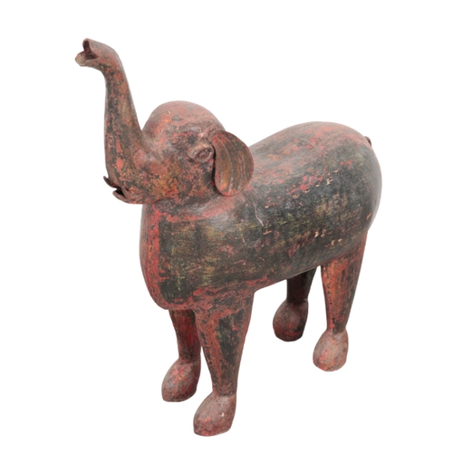 420 - TWO PAINTED METAL ANIMALS including an elephant with trunk raised, 58cm high, and a ram, 31cm high (... 