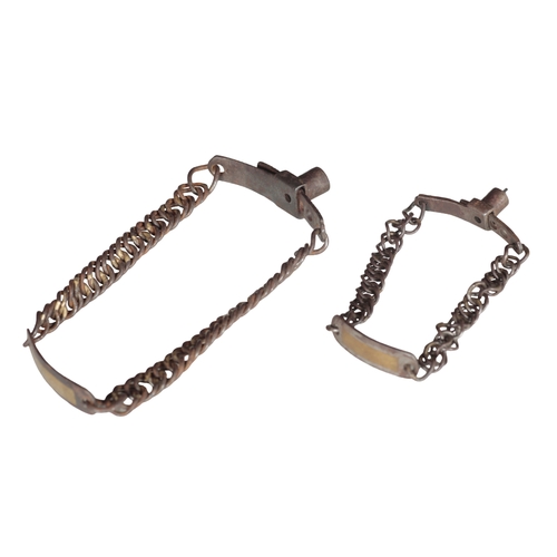 424 - TWO CHAIN-LINK DOG COLLARS late 19th/early 20th century, both with bi-metal unengraved tags, and adj... 