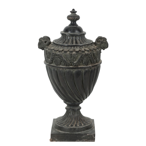 429 - A PAIR OF NEOCLASSICAL URNS of campagna form, each with turned lids, the bodies with anthemion carve... 