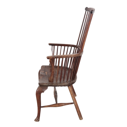 465 - AN 18TH CENTURY ELM TWO TIER STICK BACK WINDSOR CHAIR with shaped crest rail, curved back, dished se... 