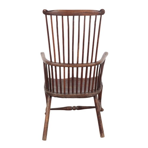 465 - AN 18TH CENTURY ELM TWO TIER STICK BACK WINDSOR CHAIR with shaped crest rail, curved back, dished se... 