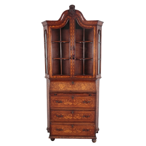 481 - A DUTCH INLAID OAK SECRETAIRE BOOKCASE 18th century and later, the upper part with carved scroll cre... 