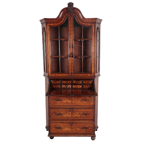 481 - A DUTCH INLAID OAK SECRETAIRE BOOKCASE 18th century and later, the upper part with carved scroll cre... 