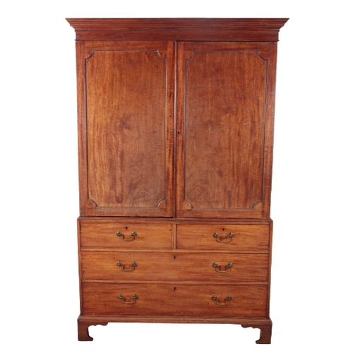 482 - A GEORGE III MAHOGANY LINEN PRESS early 19th Century, with stepped cornice, the upper part now conve... 