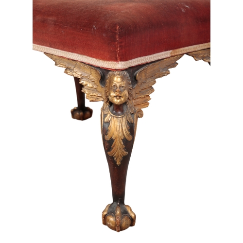 486 - A PAIR OF GEORGE II STYLE MAHOGANY AND PARCEL GILT STOOLS 19th century, the rectangular tops with re... 