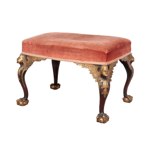 486 - A PAIR OF GEORGE II STYLE MAHOGANY AND PARCEL GILT STOOLS 19th century, the rectangular tops with re... 