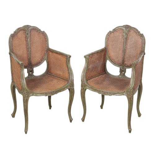 487 - A PAIR OF LOUIS XV STYLE GREEN-PAINTED ARMCHAIRS 19th century, the carved and shaped cresting rail o... 