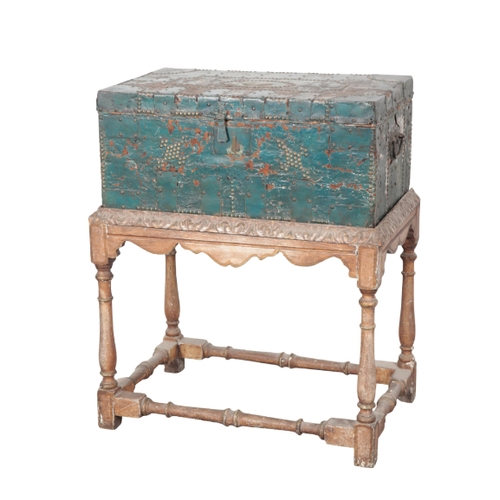 488 - A 19TH CENTURY CHEST ON STAND the green-painted and brass studwork chest has a hinged lid, opening t... 